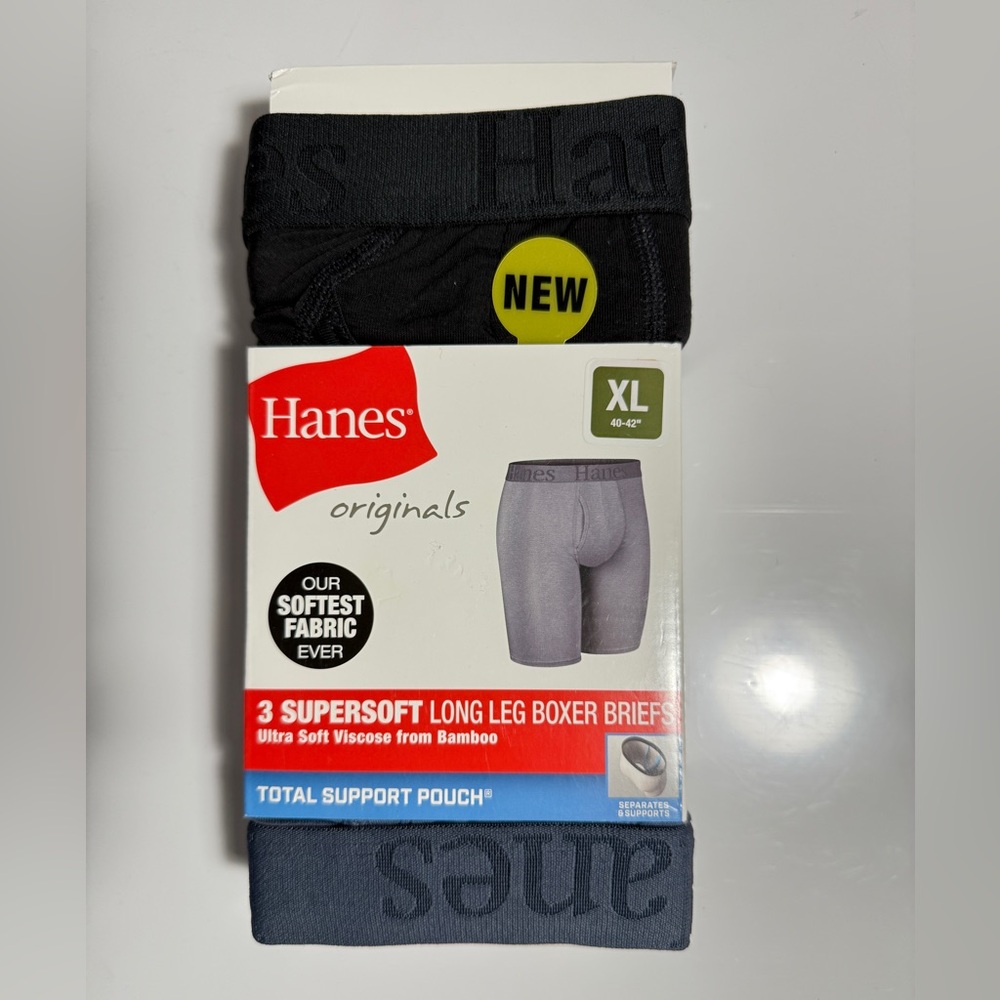 NEW Hanes Premium Super soft Boxer Briefs 3 Pack Black Gray XL Support Pouch